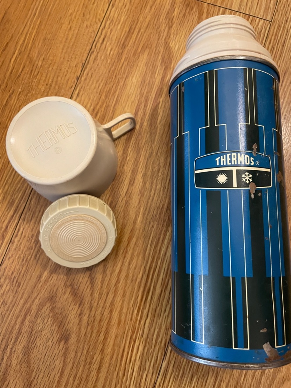 Vintage Thermos Blue and Black Striped Insulated Bottle with Cap and cup